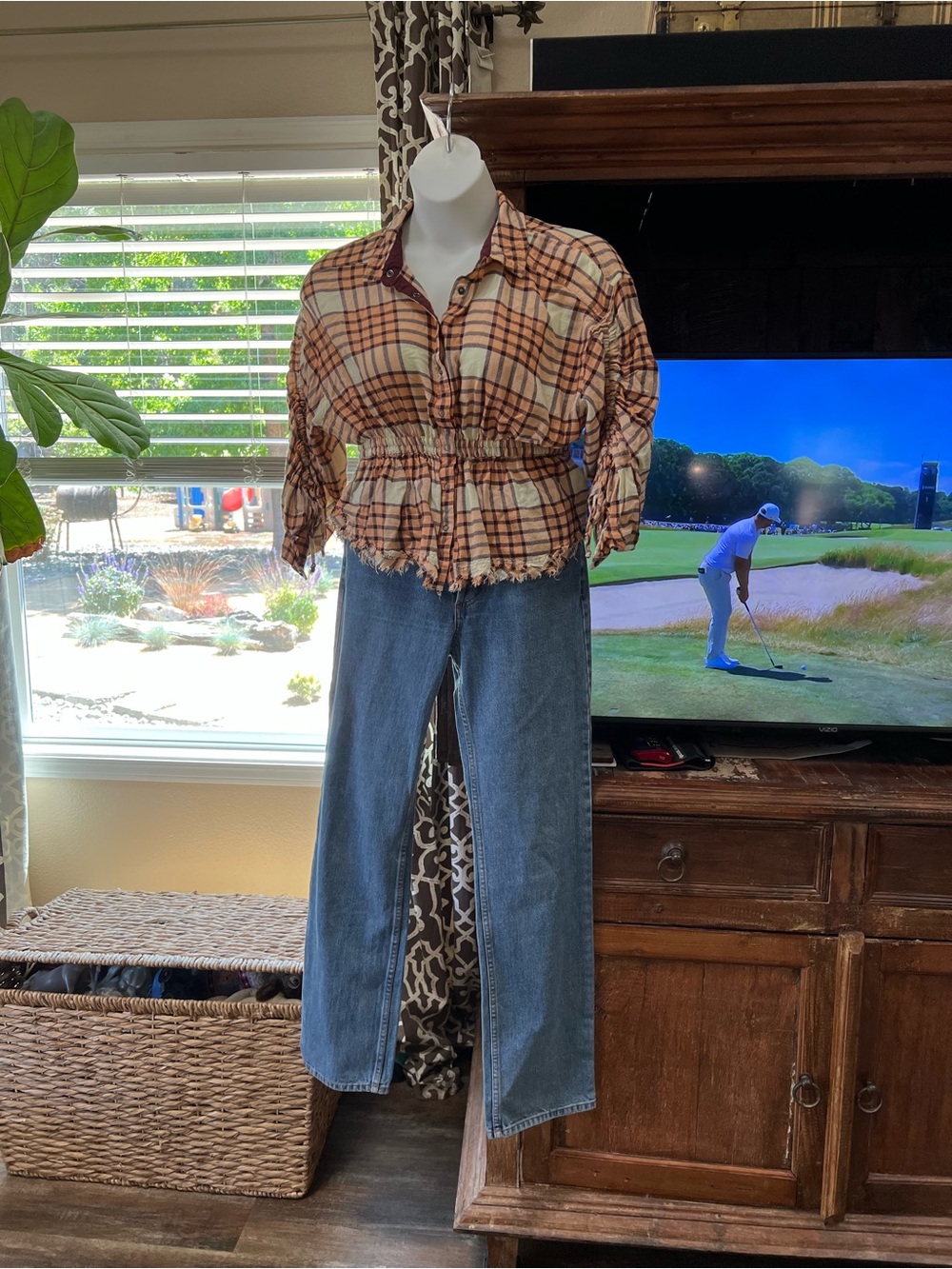 Free People Top M Plaid We the Free Pacific Dawn Drawstring Waist - Picture 4 of 9